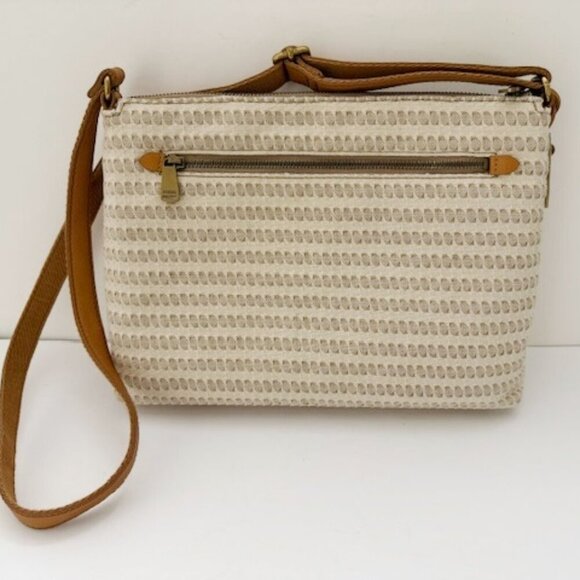 Fossil Kinley Crossbody Bag Purse Canvas Leather Off-White & Tan - Picture 4 of 9